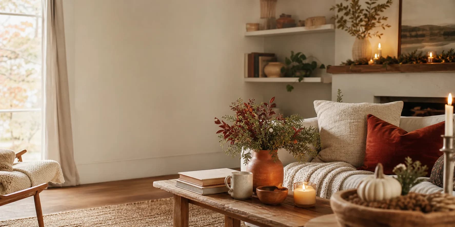 Warm cozy living room styled with books, candles, textiles, and seasonal decor