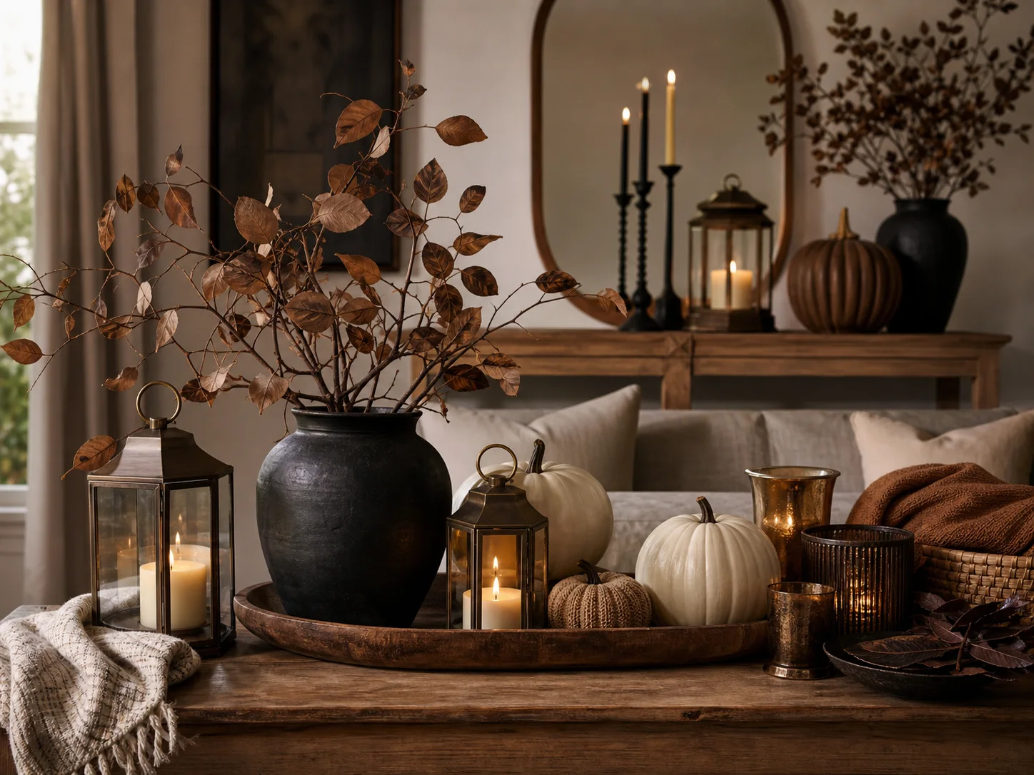 Budget-friendly fall decor with neutral pumpkins, candles, faux stems, and a decorative tray