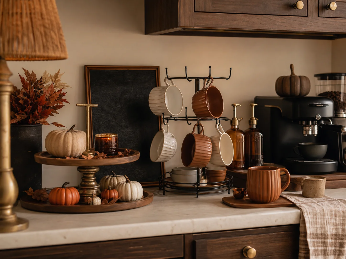 Cozy Halloween coffee bar with pumpkin mugs, amber syrup bottles, mini pumpkins, and a tiered tray
