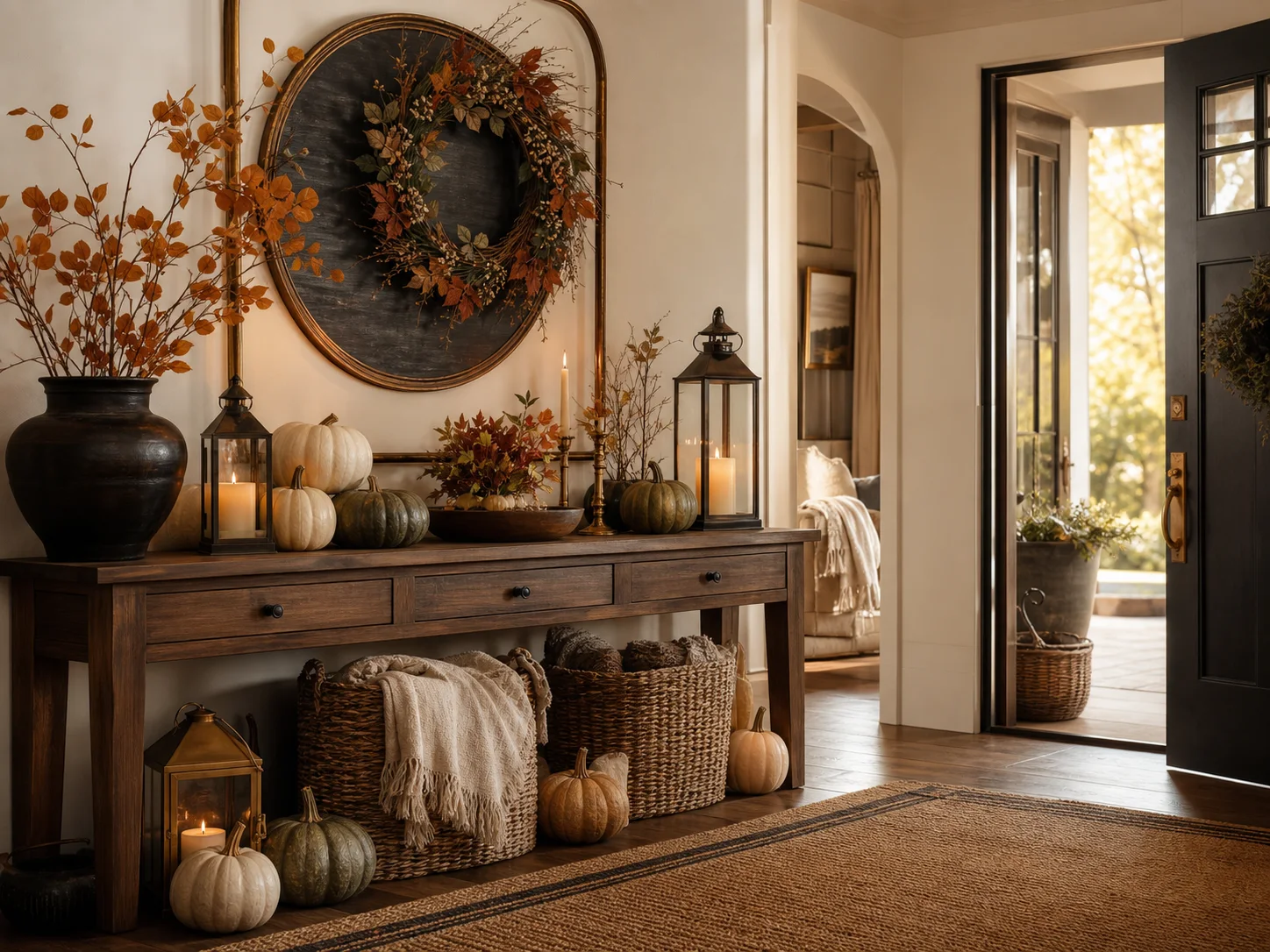 Warm fall entryway with console table decor, wreath, woven baskets, lanterns, and pumpkins