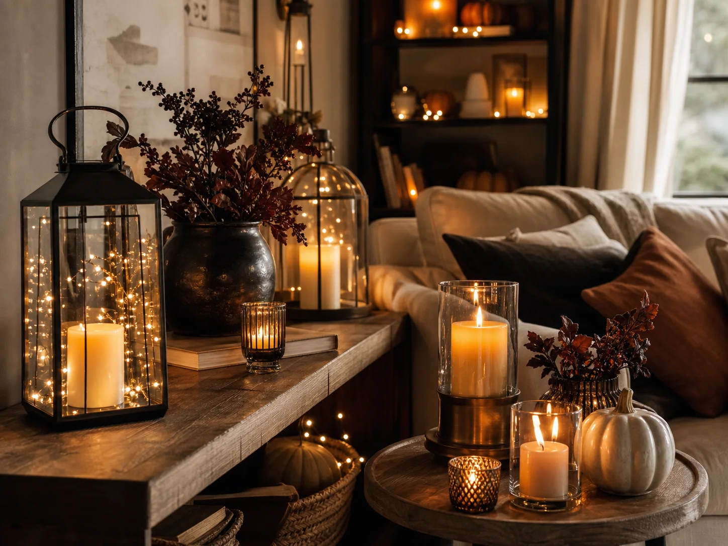 Cozy fall lighting vignette with lanterns, candles, fairy lights, and warm candle holders