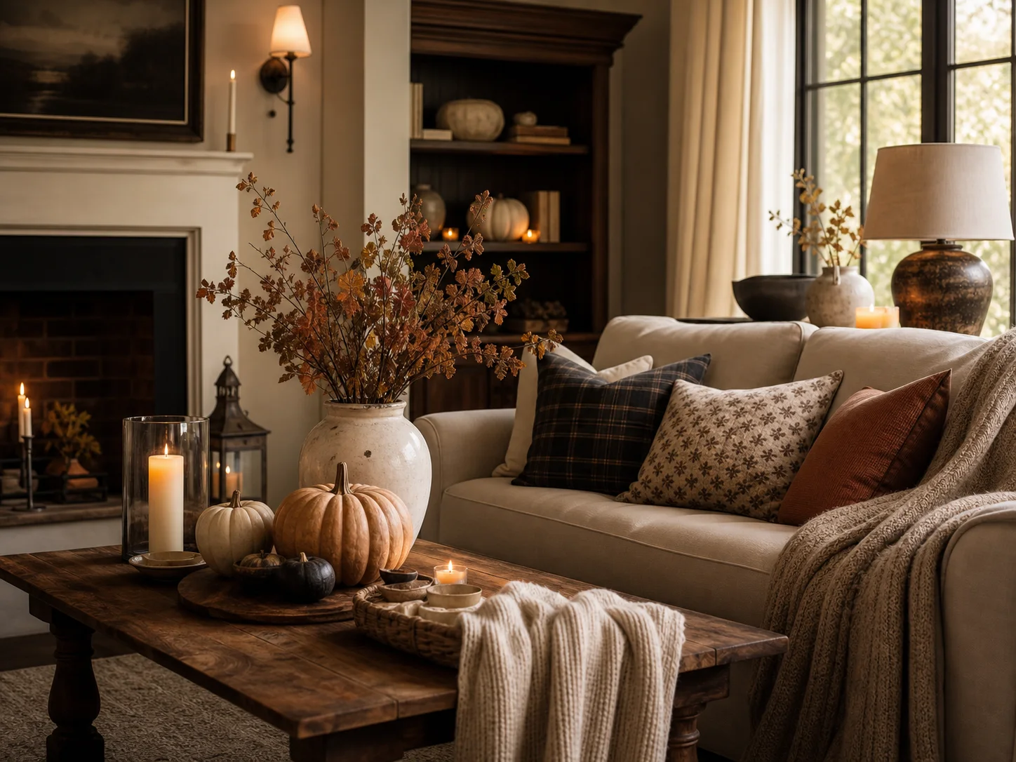 Cozy fall living room with pumpkins, candles, warm pillows, throws, and autumn stems