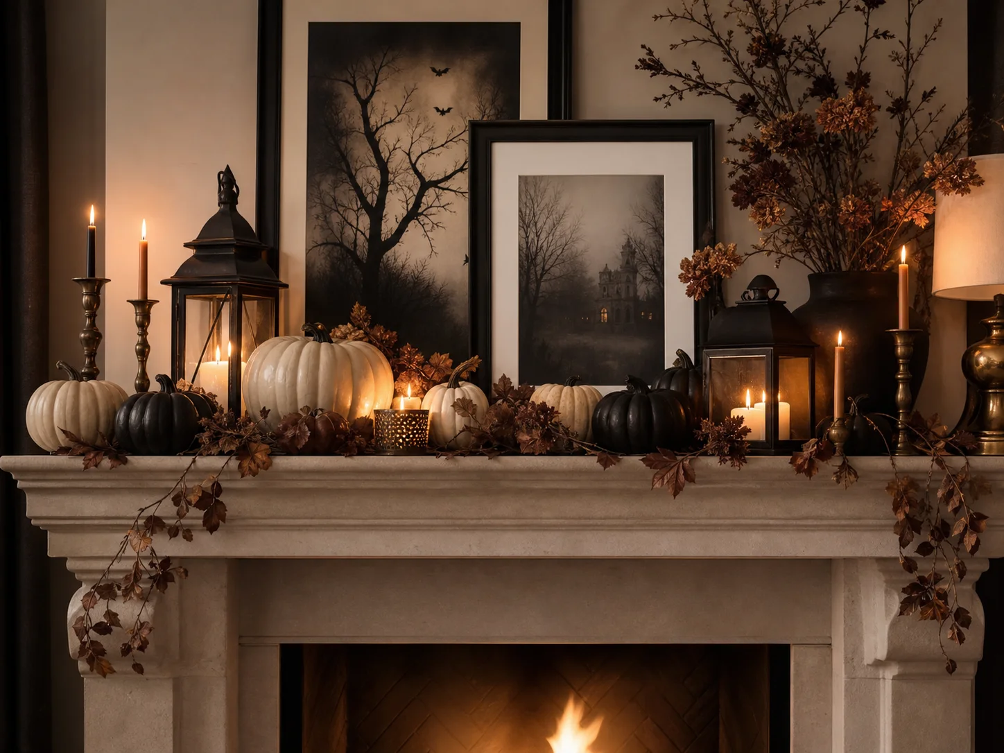 Warm mantel with garland, candlesticks, pumpkins, lanterns, and dried fall stems