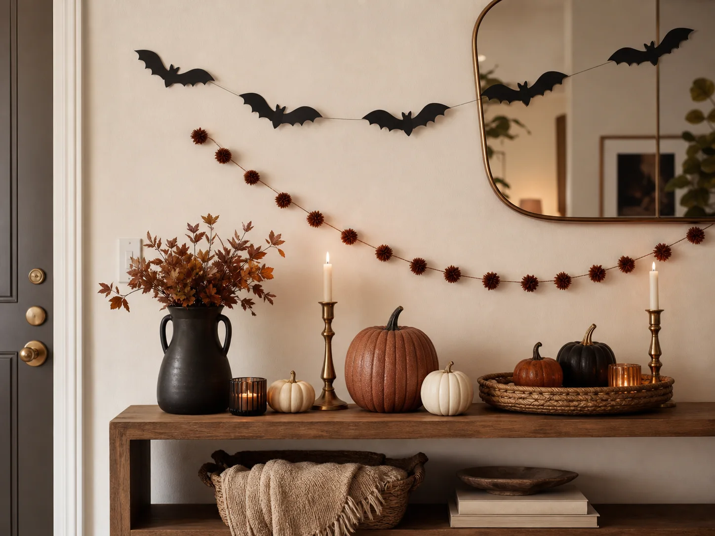 Renter-friendly Halloween decor with removable bats, lightweight garland, tabletop pumpkins, and battery candles