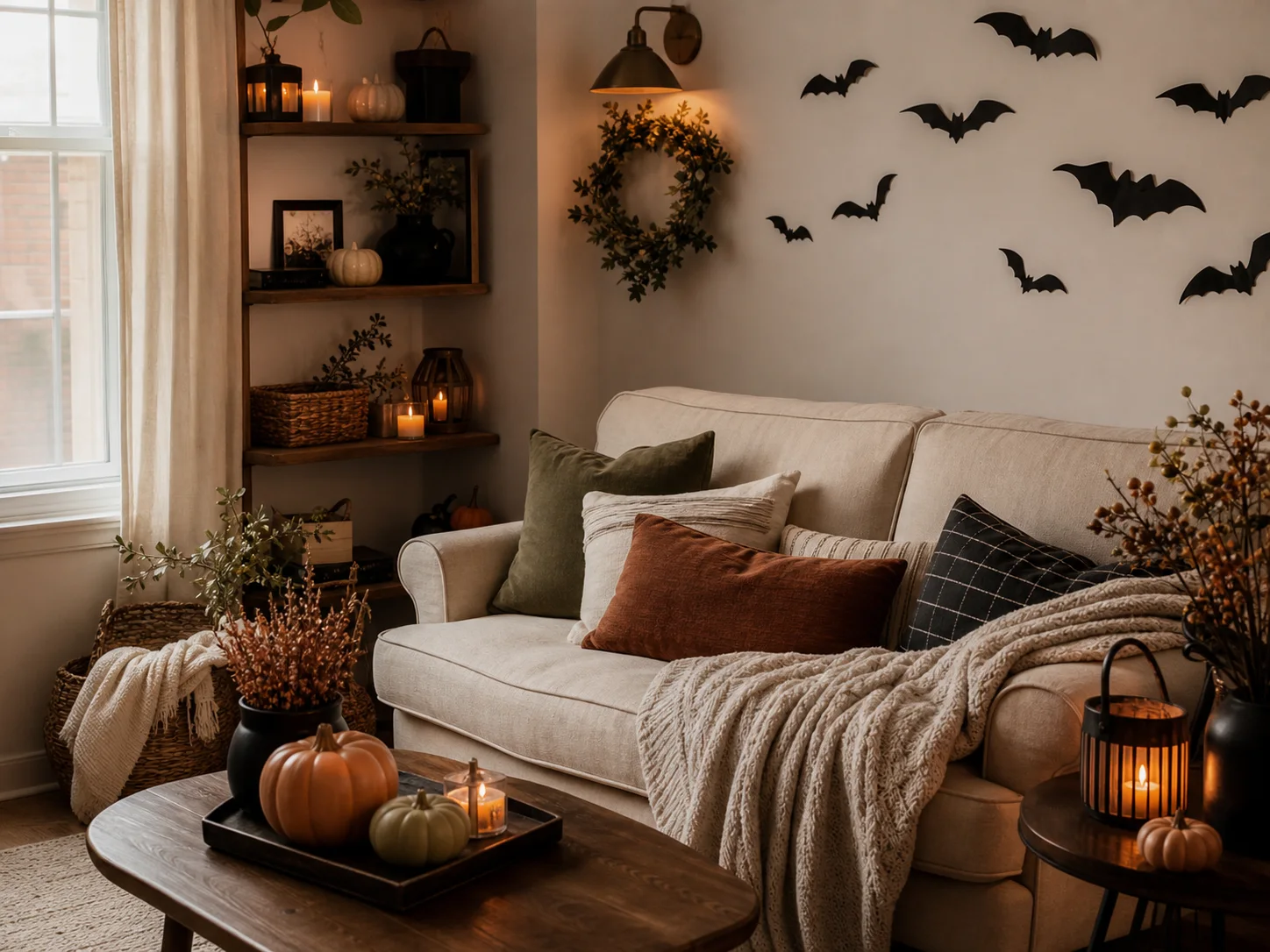 Small apartment Halloween decor with peel-and-stick bats, small pumpkins, compact lanterns, and cozy pillow covers
