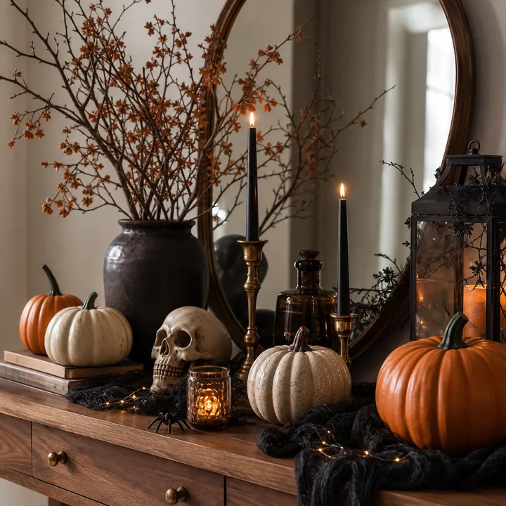Cozy Halloween console table with ceramic pumpkins and candles