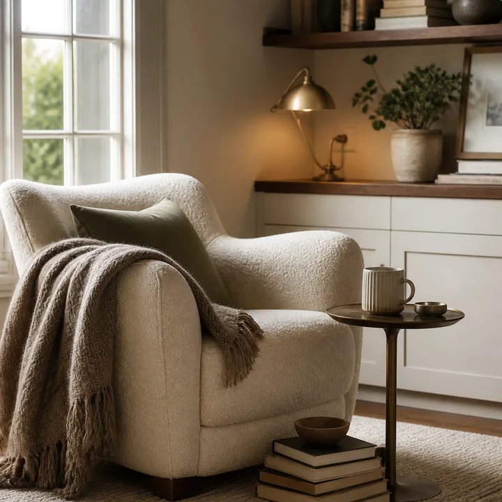 Cozy reading nook with an upholstered chair, books, throw, and warm lamp